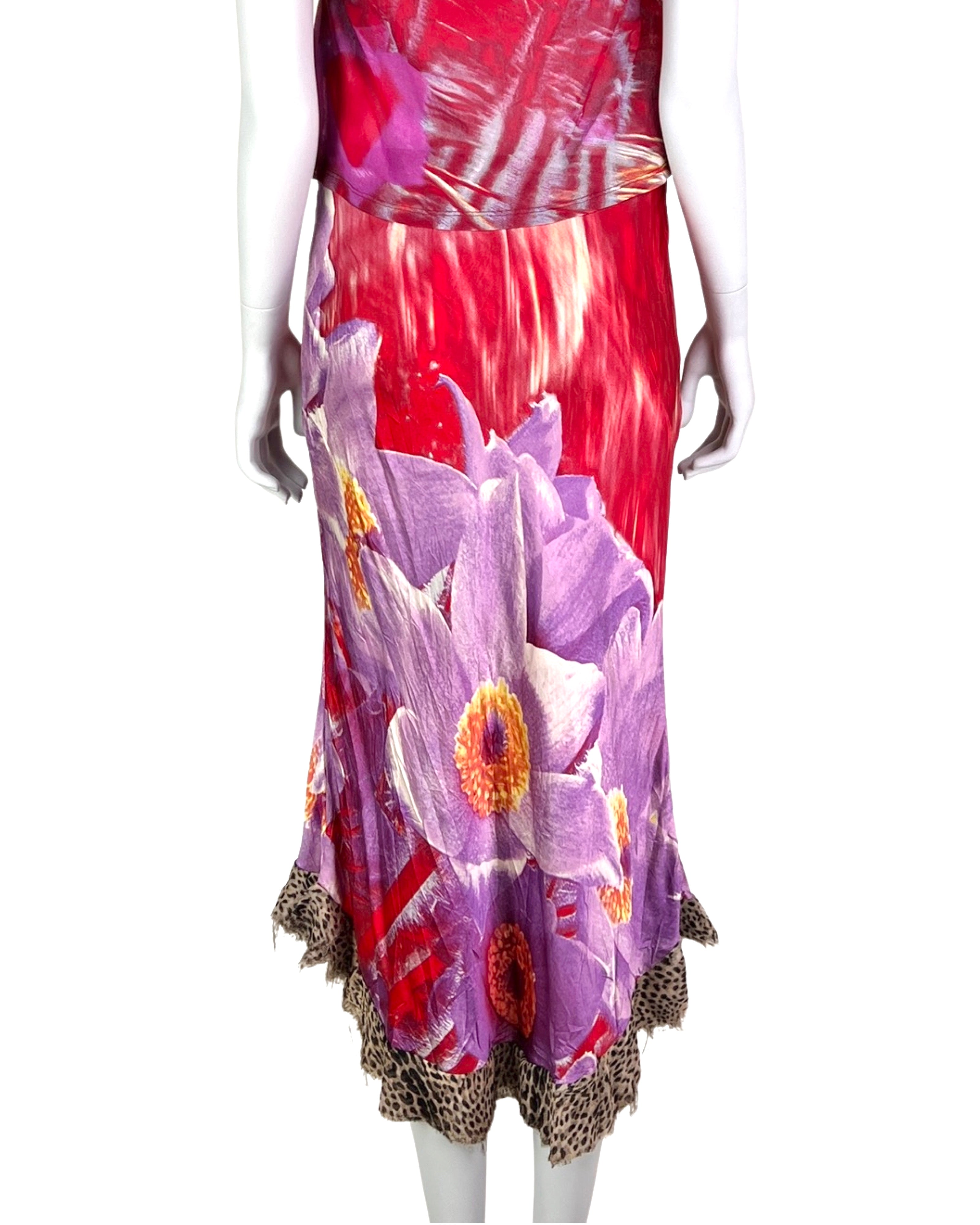 Roberto Cavalli Spring 2000 Flower Print Silk Skirt